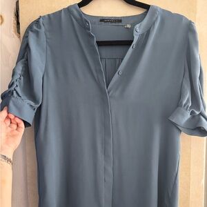 Tahari Puff Sleeve Blue Gray Blouse with Mandarin Collar Sz XS